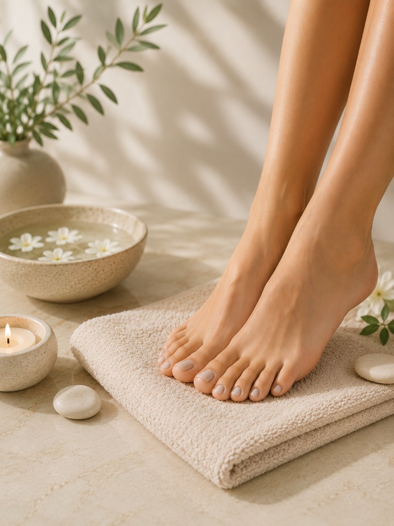 Gepflegte Füße mit hellem Nagellack auf einem weichen Handtuch in entspannter Spa-Atmosphäre mit Kerze und Blüten – kosmetische Fußpflege bei D&E Elixier