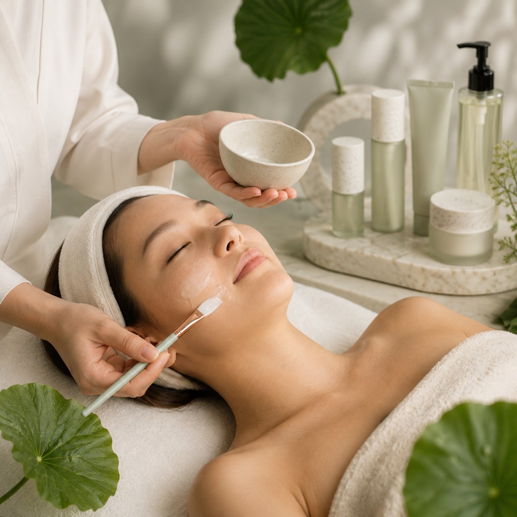 Gesichtsbehandlung mit hochwertigen koreanischen Pflegeprodukten – entspanntes K-Beauty-Ritual in ruhiger Atmosphäre