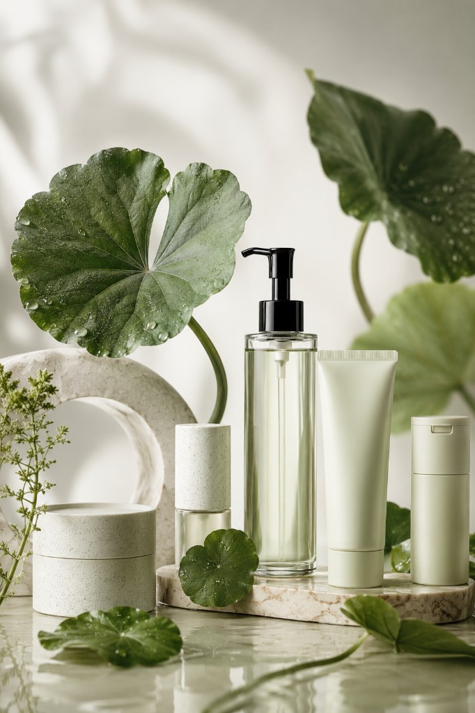Hochwertige Hautpflege auf Marmor mit frischen Centella-Blättern und Wassertropfen – Symbol für koreanische Beauty-Rituale mit natürlichen Wirkstoffen